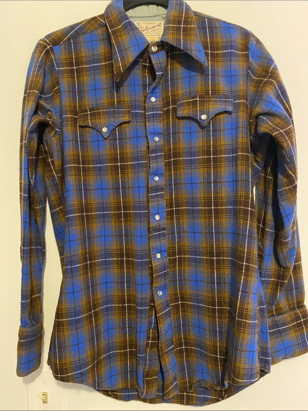 Vintage Plaid Button-Down Shirt in Blue and Brown, no fabric tag